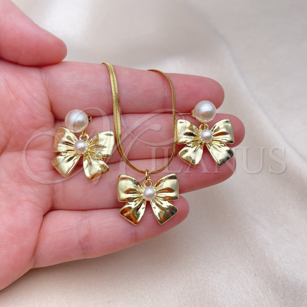 Juego de Arete y Dije de Adulto 10.417.0006 Oro Laminado, Diseño de Arco y Bola, con Marfil Perla, Pulido, Tono Dorado