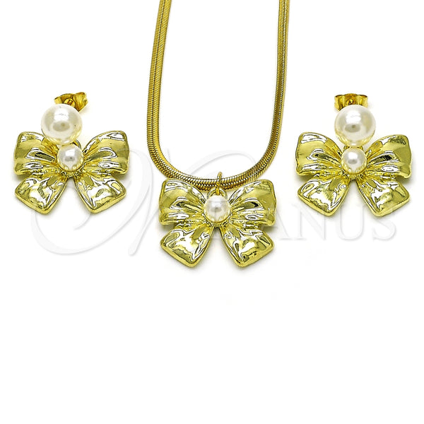 Juego de Arete y Dije de Adulto 10.417.0006 Oro Laminado, Diseño de Arco y Bola, con Marfil Perla, Pulido, Tono Dorado