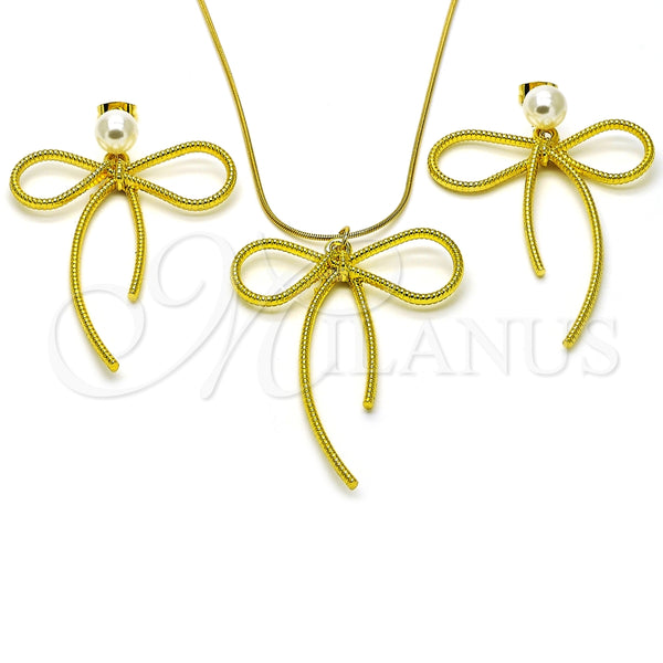 Juego de Arete y Dije de Adulto 10.417.0007 Oro Laminado, Diseño de Arco y Bola, con Marfil Perla, Diamantado, Tono Dorado