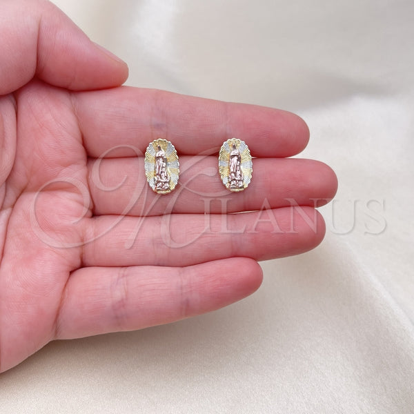 Arete Dormilona 02.196.0132 Oro Laminado, Diseño de Guadalupe, Diamantado, Tres Tonos
