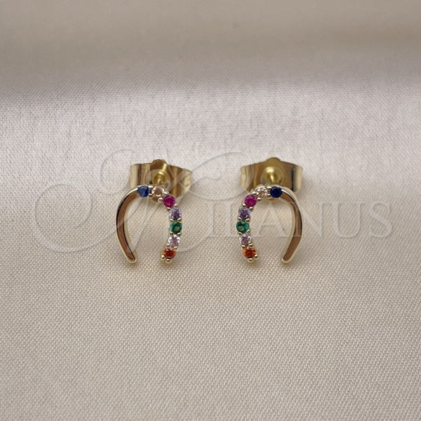 Arete Dormilona 02.196.0159 Oro Laminado, Diseño de Herradura, con Multicolor Zirconia Cubica, Pulido, Tono Dorado