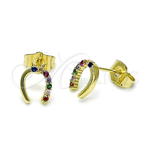 Arete Dormilona 02.196.0159 Oro Laminado, Diseño de Herradura, con Multicolor Zirconia Cubica, Pulido, Tono Dorado