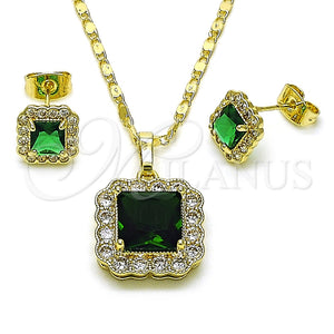 Juego de Arete y Dije de Adulto 10.196.0088.2 Oro Laminado, Diseño de Cluster, con Verde Zirconia Cubica and Blanca Micro Pave, Pulido, Tono Dorado