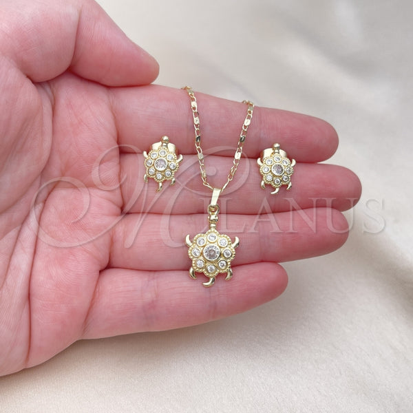 Juego de Arete y Dije de Adulto 10.196.0162.1 Oro Laminado, Diseño de Tortuga, con Blanca Zirconia Cubica, Pulido, Tono Dorado