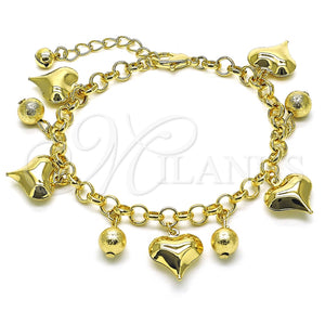 Pulsera de Dije 03.331.0255.08 Oro Laminado, Diseño de Corazón y Bola, Pulido, Tono Dorado (Grosor 06 MM, 8 Pulgadas de Largo)