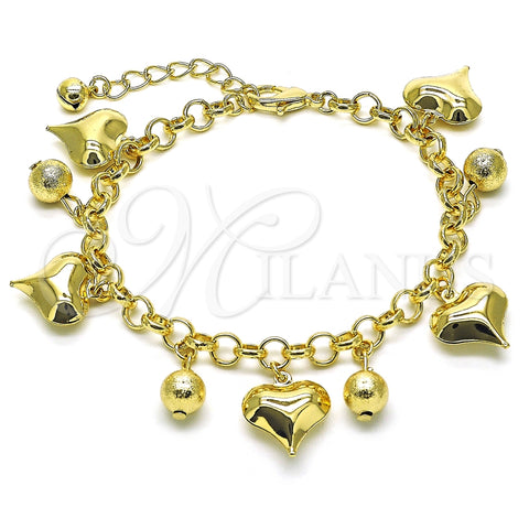 Pulsera de Dije 03.331.0255.08 Oro Laminado, Diseño de Corazón y Bola, Pulido, Tono Dorado (Grosor 06 MM, 8 Pulgadas de Largo)