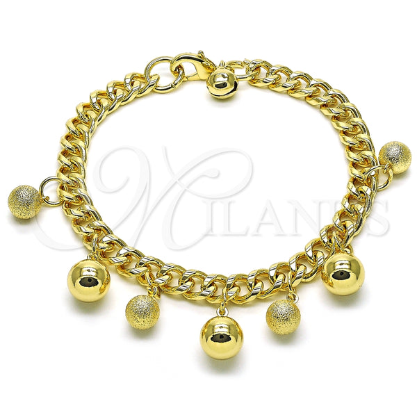 Pulsera de Dije 03.331.0256.09 Oro Laminado, Diseño de Bola y Miami Cubana, Pulido, Tono Dorado (07 MM Thickness, 9 Inches Length)
