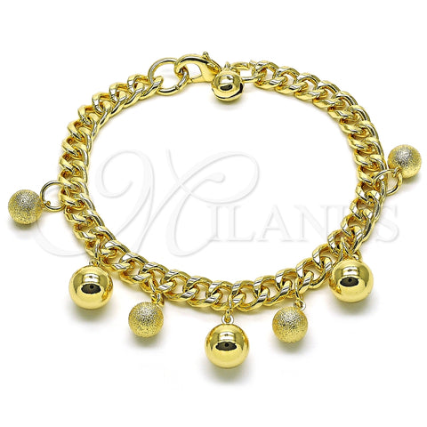 Pulsera de Dije 03.331.0256.09 Oro Laminado, Diseño de Bola y Miami Cubana, Pulido, Tono Dorado (07 MM Thickness, 9 Inches Length)