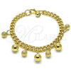 Pulsera de Dije 03.331.0256.09 Oro Laminado, Diseño de Bola y Miami Cubana, Pulido, Tono Dorado (07 MM Thickness, 9 Inches Length)