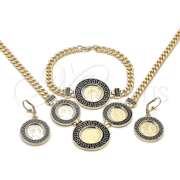 Collar, Pulsera y Dije 06.372.0073 Oro Laminado, Diseño de Miami Cubana y Llave Griega, Esmaltado Negro, Tono Dorado