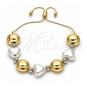Pulsera Bolo Ajustable 03.341.0227.11 Oro Laminado, Diseño de Corazón y Bola, con Perla Marfil, Pulido, Dos Tonos (Grosor 01 MM, 11 Pulgadas de Largo)