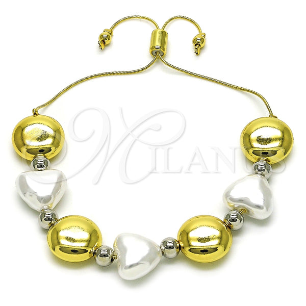 Pulsera Bolo Ajustable 03.341.0227.11 Oro Laminado, Diseño de Corazón y Bola, con Marfil Perla, Pulido, Dos Tonos (01 MM Thickness, 11 Inches Length)