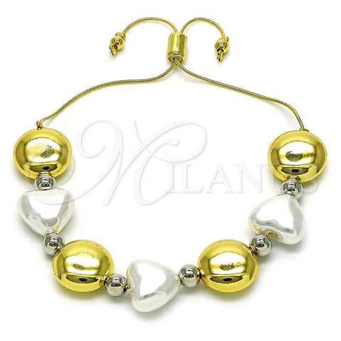 Pulsera Bolo Ajustable 03.341.0227.11 Oro Laminado, Diseño de Corazón y Bola, con Marfil Perla, Pulido, Dos Tonos (01 MM Thickness, 11 Inches Length)
