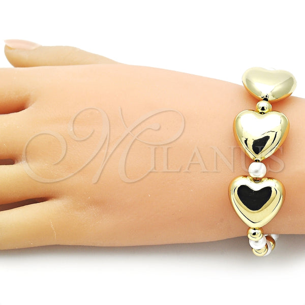Pulsera Elegante 03.341.2281.07 Oro Laminado, Diseño de Corazón y Bola, con Marfil Perla, Pulido, Tono Dorado (06 MM Thickness, 7 Inches Length)