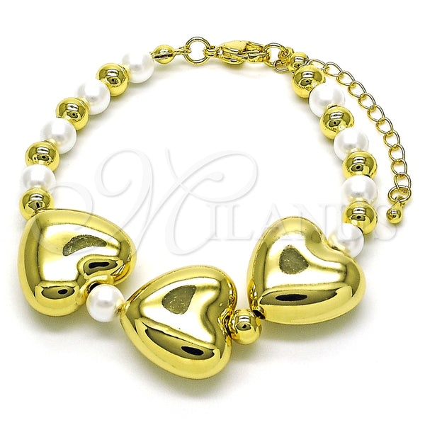 Pulsera Elegante 03.341.2281.07 Oro Laminado, Diseño de Corazón y Bola, con Marfil Perla, Pulido, Tono Dorado (06 MM Thickness, 7 Inches Length)