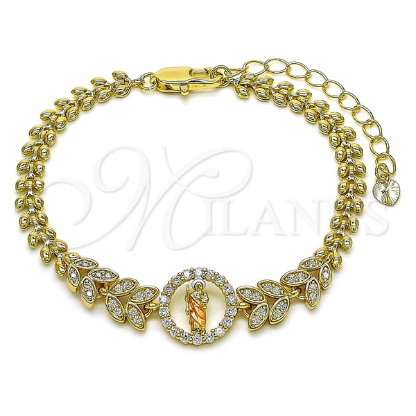 Pulsera Elegante 03.411.0015.1.07 Oro Laminado, Diseño de San Judas y Oja, con Blanca Zirconia Cubica, Pulido, Tres Tonos (05 MM Thickness, 7 Inches Length)