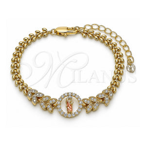 Pulsera Elegante 03.411.0015.1.07 Oro Laminado, Diseño de San Judas y Oja, con Zirconia Cubica Blanca, Pulido, Tres Tonos (Grosor 05 MM, 7 Pulgadas de Largo)