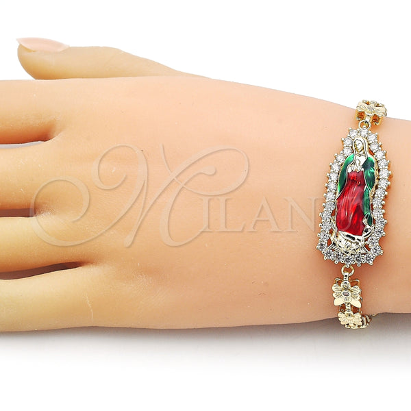 Pulsera Solida 03.411.0006.2.08 Oro Laminado, Diseño de Guadalupe y Flor, con Blanca Zirconia Cubica, Pulido, Tres Tonos (06 MM Thickness, 8 Inches Length)