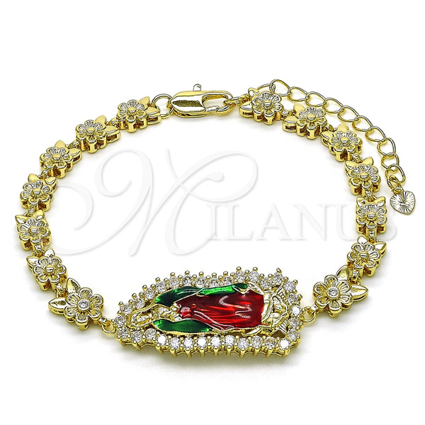 Pulsera Solida 03.411.0006.2.08 Oro Laminado, Diseño de Guadalupe y Flor, con Blanca Zirconia Cubica, Pulido, Tres Tonos (06 MM Thickness, 8 Inches Length)