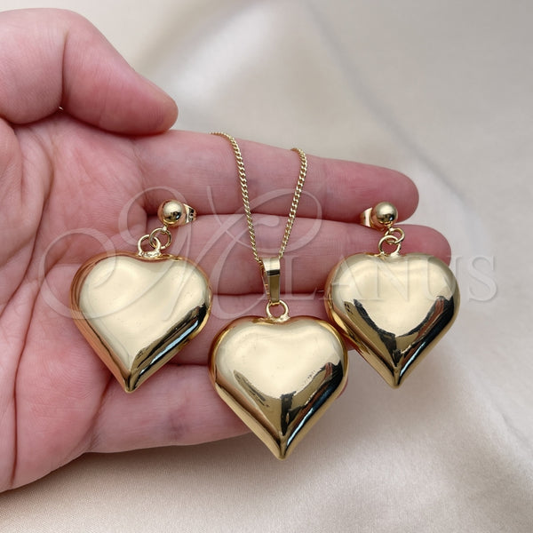 Juego de Arete y Dije de Adulto 10.163.0017 Oro Laminado, Diseño de Corazón y Hueco, Pulido, Tono Dorado