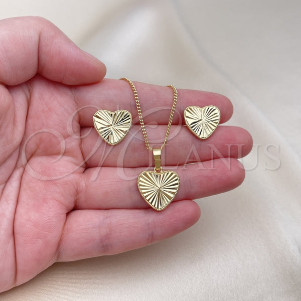 Juego de Arete y Dije de Adulto 10.413.0002 Oro Laminado, Diseño de Corazón, Diamantado, Tono Dorado