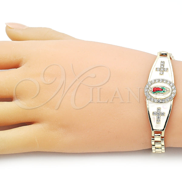 Pulsera Elegante 03.411.0020.08 Oro Laminado, Diseño de Guadalupe y Cruz, con Blanca Zirconia Cubica, Esmaltado Blanco, Tres Tonos (08 MM Thickness, 8 Inches Length)