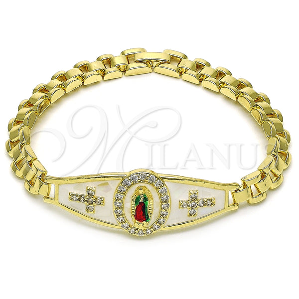 Pulsera Elegante 03.411.0020.08 Oro Laminado, Diseño de Guadalupe y Cruz, con Blanca Zirconia Cubica, Esmaltado Blanco, Tres Tonos (08 MM Thickness, 8 Inches Length)