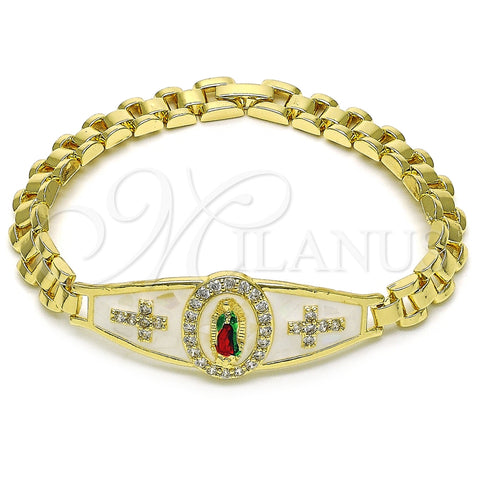 Pulsera Elegante 03.411.0020.08 Oro Laminado, Diseño de Guadalupe y Cruz, con Blanca Zirconia Cubica, Esmaltado Blanco, Tres Tonos (08 MM Thickness, 8 Inches Length)