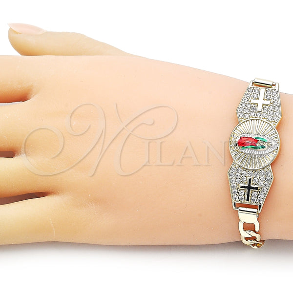 Pulsera Elegante 03.411.0021.07 Oro Laminado, Diseño de Guadalupe y Cruz, con Blanca Zirconia Cubica, Diamantado, Tres Tonos (07 MM Thickness, 7 Inches Length)