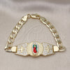 Pulsera Elegante 03.411.0021.07 Oro Laminado, Diseño de Guadalupe y Cruz, con Blanca Zirconia Cubica, Diamantado, Tres Tonos (07 MM Thickness, 7 Inches Length)