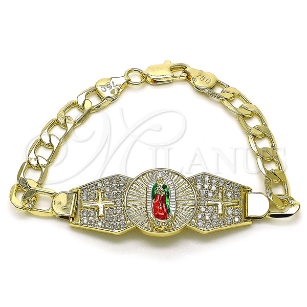 Pulsera Elegante 03.411.0021.07 Oro Laminado, Diseño de Guadalupe y Cruz, con Blanca Zirconia Cubica, Diamantado, Tres Tonos (07 MM Thickness, 7 Inches Length)