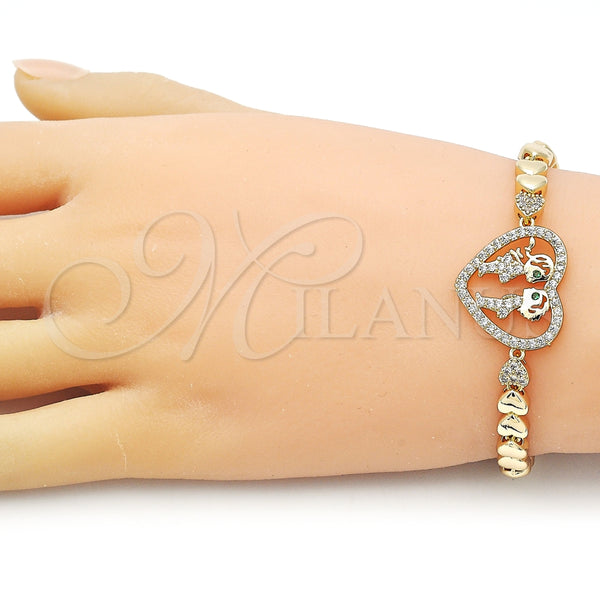 Pulsera Elegante 03.283.0398.07 Oro Laminado, Diseño de Corazón y Niñita Pequeña, con Blanca and Verde Zirconia Cubica, Pulido, Tono Dorado (06 MM Thickness, 7 Inches Length)