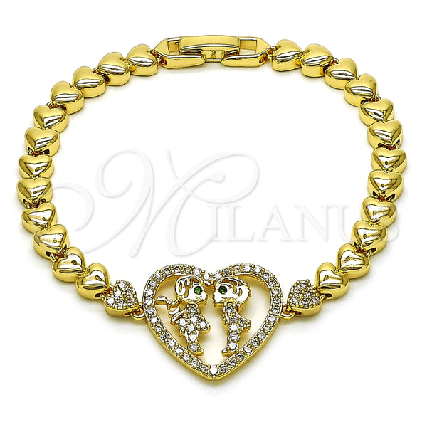 Pulsera Elegante 03.283.0398.07 Oro Laminado, Diseño de Corazón y Niñita Pequeña, con Blanca and Verde Zirconia Cubica, Pulido, Tono Dorado (06 MM Thickness, 7 Inches Length)
