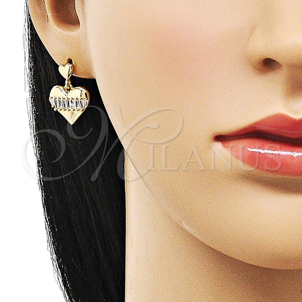 Arete Colgante 02.283.0114 Oro Laminado, Diseño de Corazón y Baguette, con Blanca Zirconia Cubica, Pulido, Tono Dorado