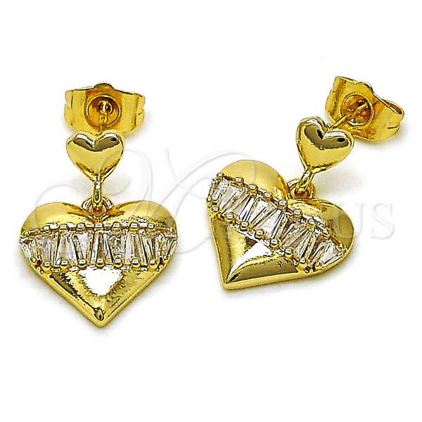 Arete Colgante 02.283.0114 Oro Laminado, Diseño de Corazón y Baguette, con Blanca Zirconia Cubica, Pulido, Tono Dorado
