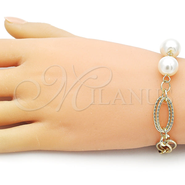 Pulsera Elegante 03.331.0273.08 Oro Laminado, Diseño de Bola, con Marfil Perla, Diamantado, Tono Dorado (12 MM Thickness, 8 Inches Length)