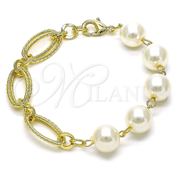 Pulsera Elegante 03.331.0273.08 Oro Laminado, Diseño de Bola, con Marfil Perla, Diamantado, Tono Dorado (12 MM Thickness, 8 Inches Length)