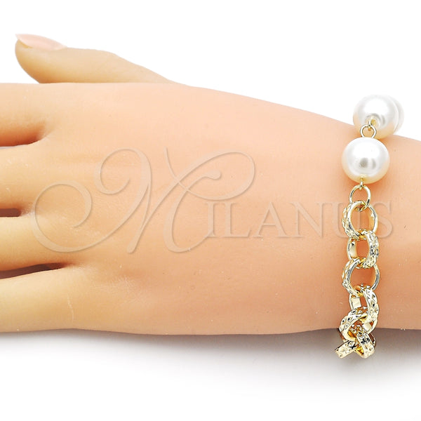 Pulsera Elegante 03.331.0274.08 Oro Laminado, Diseño de Rolo y Bola, con Marfil Perla, Diamantado, Tono Dorado (12 MM Thickness, 8 Inches Length)