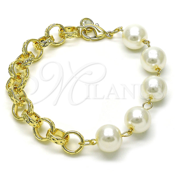 Pulsera Elegante 03.331.0274.08 Oro Laminado, Diseño de Rolo y Bola, con Marfil Perla, Diamantado, Tono Dorado (12 MM Thickness, 8 Inches Length)