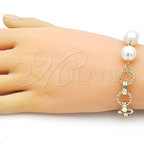 Pulsera Elegante 03.331.0275.08 Oro Laminado, Diseño de Bola y Torcido, con Marfil Perla, Diamantado, Tono Dorado (12 MM Thickness, 8 Inches Length)