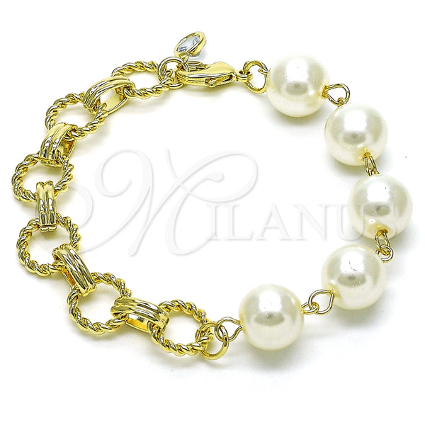 Pulsera Elegante 03.331.0275.08 Oro Laminado, Diseño de Bola y Torcido, con Marfil Perla, Diamantado, Tono Dorado (12 MM Thickness, 8 Inches Length)