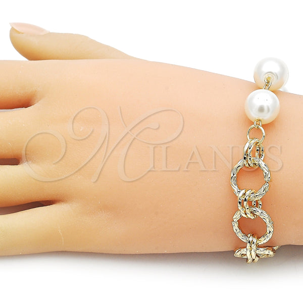 Pulsera Elegante 03.331.0276.08 Oro Laminado, Diseño de Bola y Torcido, con Marfil Perla, Diamantado, Tono Dorado (14 MM Thickness, 9 Inches Length)