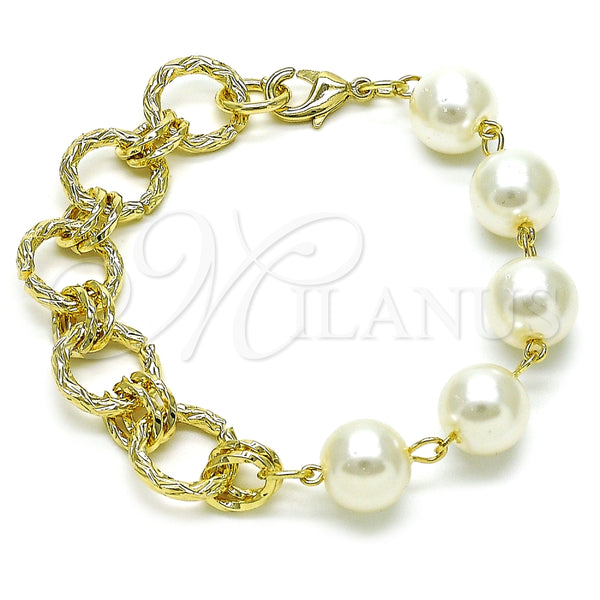 Pulsera Elegante 03.331.0276.08 Oro Laminado, Diseño de Bola y Torcido, con Marfil Perla, Diamantado, Tono Dorado (14 MM Thickness, 9 Inches Length)