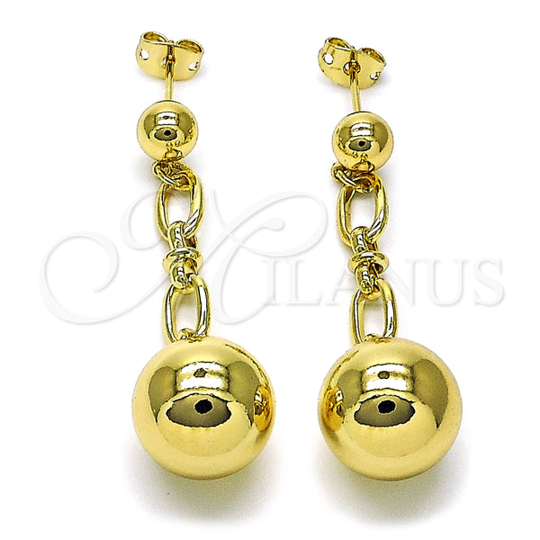 Arete Largo 02.213.0684 Oro Laminado, Diseño de Bola, Pulido, Tono Dorado