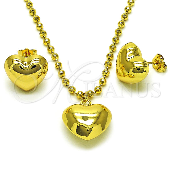 Juego de Arete y Dije de Adulto 10.417.0008 Oro Laminado, Diseño de Corazón y Bola, Pulido, Tono Dorado