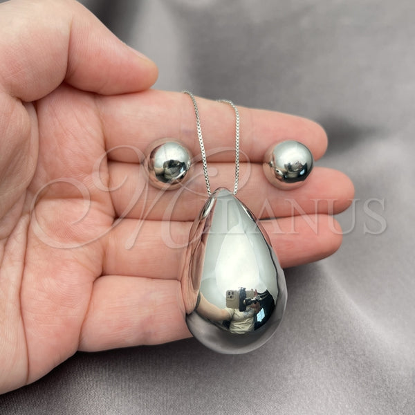 Juego de Arete y Dije de Adulto 10.417.0011 Rodio Laminado, Diseño de Gota y Bola, Pulido, Rodinado
