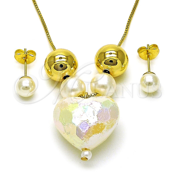 Collar y Dije 06.417.0009 Oro Laminado, Diseño de Corazón y Bola, con Marfil Perla, Pulido, Tono Dorado