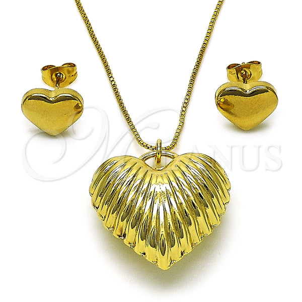 Juego de Arete y Dije de Adulto 10.417.0014 Oro Laminado, Diseño de Corazón y Hueco, Pulido, Tono Dorado