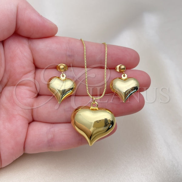 Juego de Arete y Dije de Adulto 10.417.0015 Oro Laminado, Diseño de Corazón y Hueco, Pulido, Tono Dorado