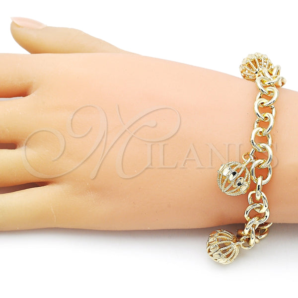 Pulsera de Dije 03.331.0301.08 Oro Laminado, Diseño de Rolo, Diamantado, Tono Dorado (09 MM Thickness, 8 Inches Length)
